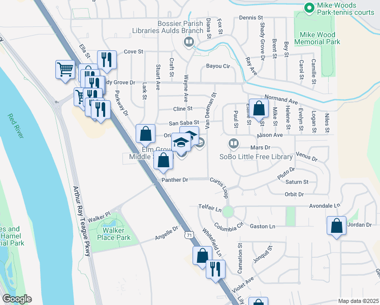 map of restaurants, bars, coffee shops, grocery stores, and more near 4230 Van Deeman Street in Bossier City