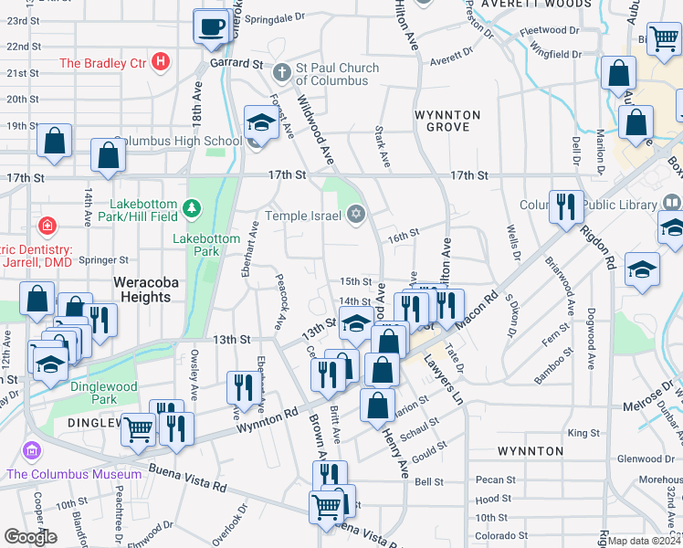 map of restaurants, bars, coffee shops, grocery stores, and more near 2215 15th Street in Columbus