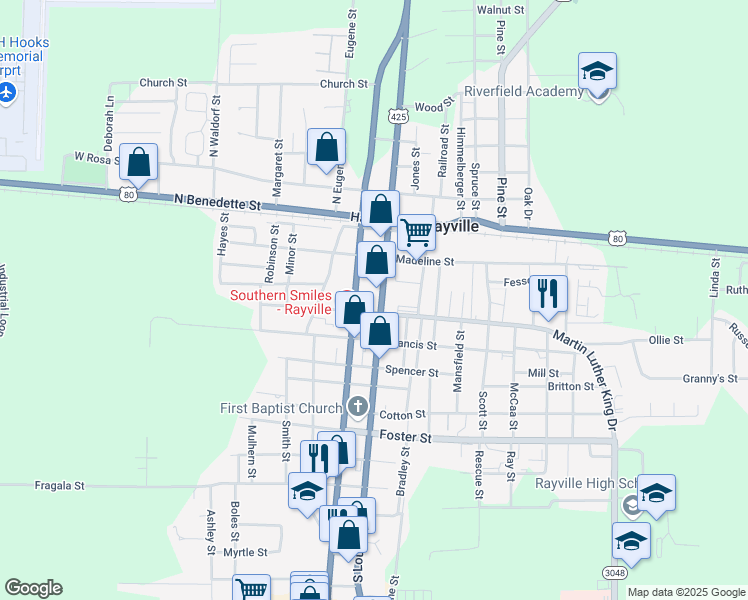 map of restaurants, bars, coffee shops, grocery stores, and more near 834 North Louisa Street in Rayville