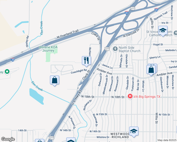 map of restaurants, bars, coffee shops, grocery stores, and more near 4101 Coachlight Road in Abilene