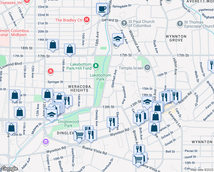 map of restaurants, bars, coffee shops, grocery stores, and more near 1427 Eberhart Avenue in Columbus