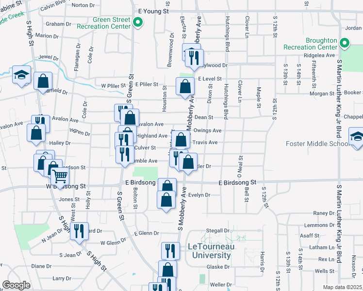 map of restaurants, bars, coffee shops, grocery stores, and more near 1510 South Houston Street in Longview