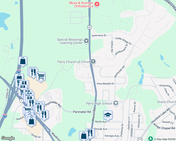 map of restaurants, bars, coffee shops, grocery stores, and more near 114 Springfield Court in Perry