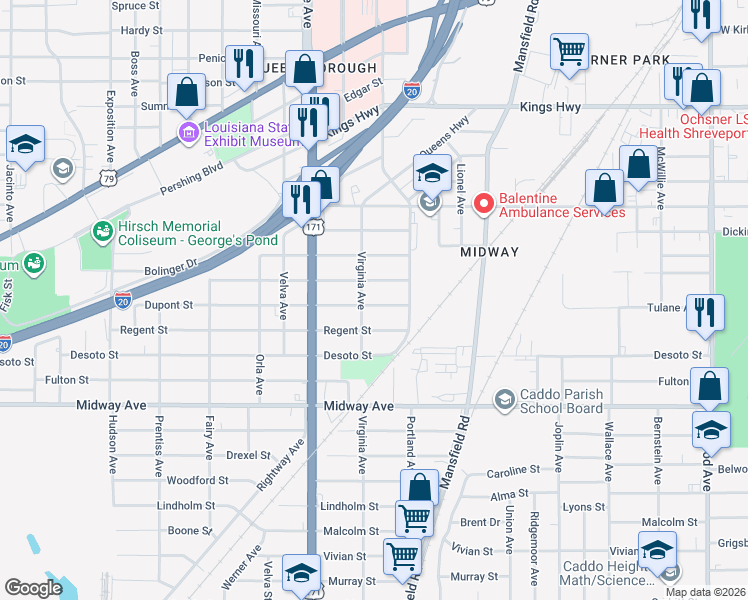 map of restaurants, bars, coffee shops, grocery stores, and more near 2532 Dupont Street in Shreveport