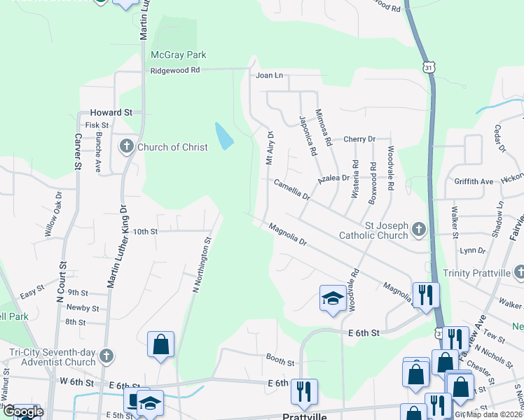 map of restaurants, bars, coffee shops, grocery stores, and more near 487 Mount Airy Drive in Prattville