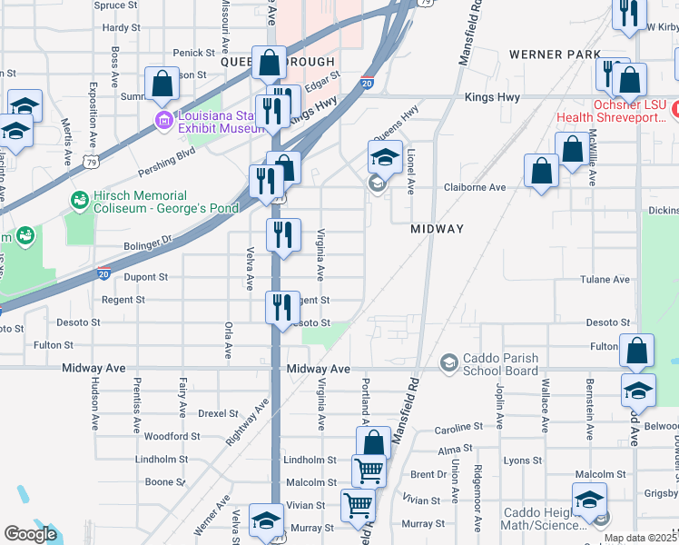 map of restaurants, bars, coffee shops, grocery stores, and more near 2532 Dupont Street in Shreveport