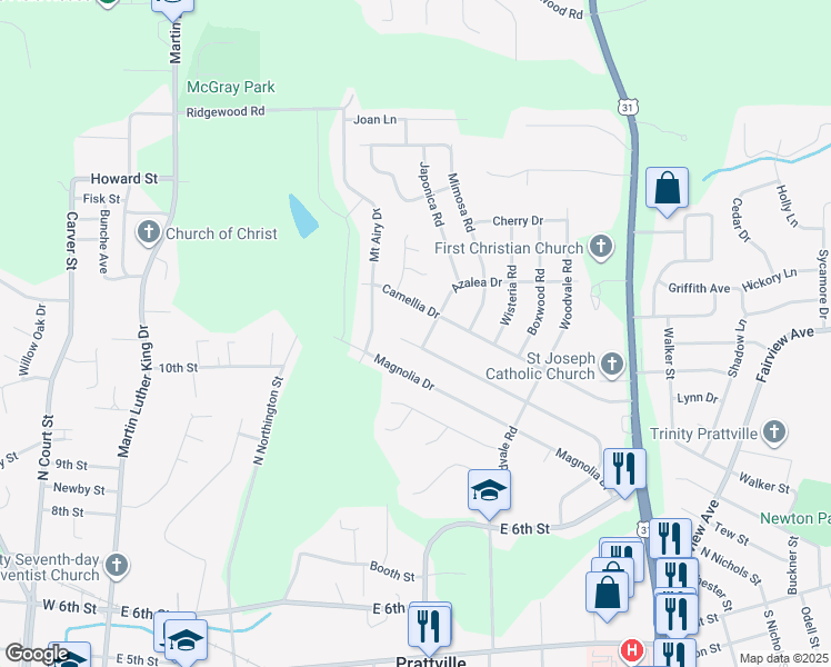 map of restaurants, bars, coffee shops, grocery stores, and more near 240 Primrose Drive in Prattville