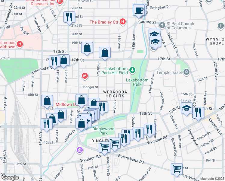 map of restaurants, bars, coffee shops, grocery stores, and more near 1505 16th Avenue in Columbus