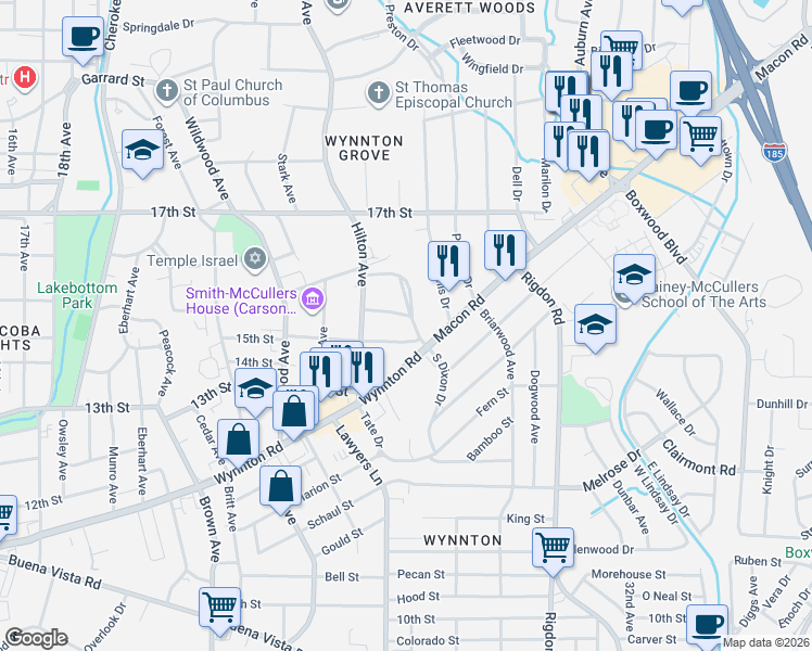 map of restaurants, bars, coffee shops, grocery stores, and more near 1518 South Dixon Drive in Columbus
