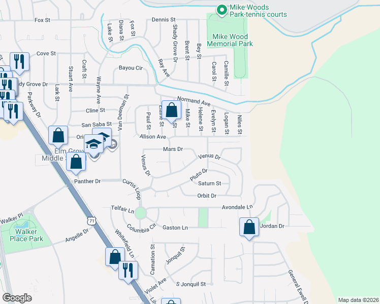 map of restaurants, bars, coffee shops, grocery stores, and more near 1914 Mars Drive in Bossier City