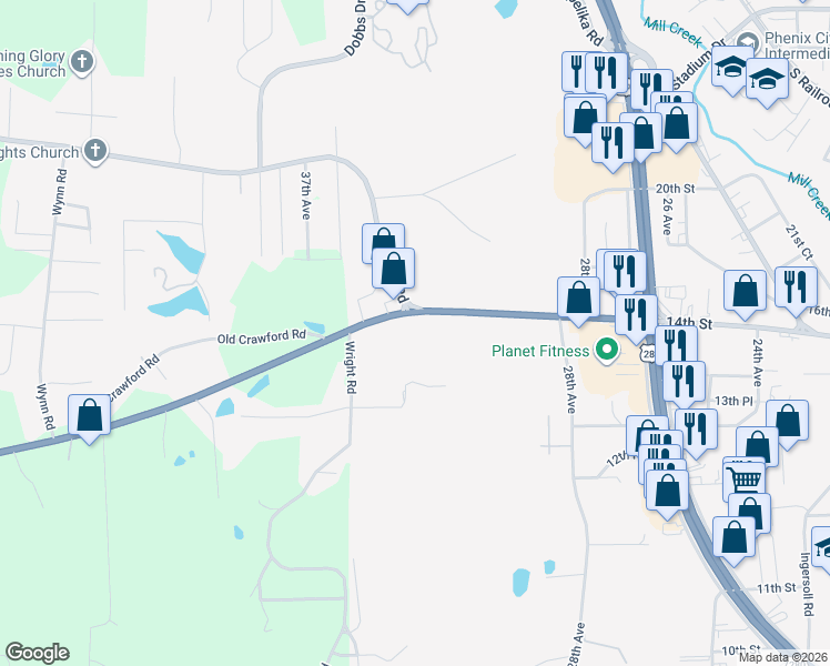 map of restaurants, bars, coffee shops, grocery stores, and more near 3201 U.S. 80 in Phenix City