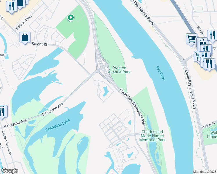 map of restaurants, bars, coffee shops, grocery stores, and more near 3501 Champion Lake Boulevard in Shreveport