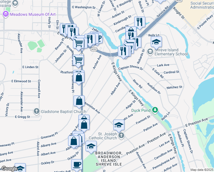 map of restaurants, bars, coffee shops, grocery stores, and more near 125 Albany Avenue in Shreveport