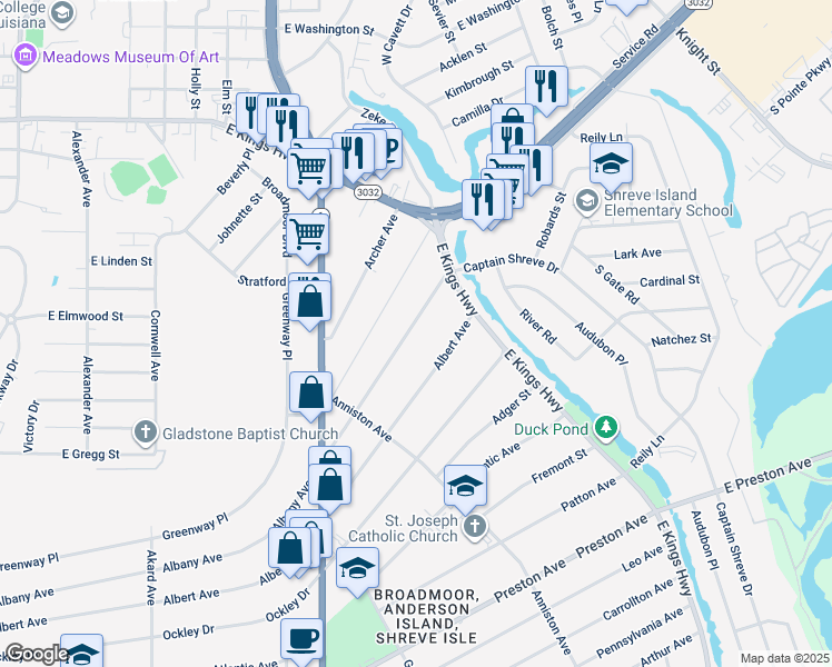 map of restaurants, bars, coffee shops, grocery stores, and more near 127 Albany Avenue in Shreveport