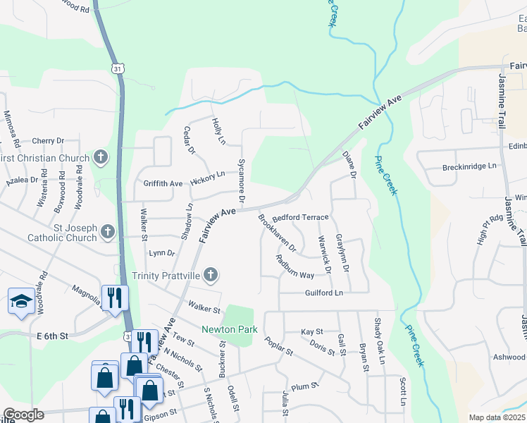 map of restaurants, bars, coffee shops, grocery stores, and more near 103 Brookhaven Drive in Prattville