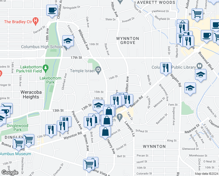 map of restaurants, bars, coffee shops, grocery stores, and more near 1510 Wildwood Avenue in Columbus