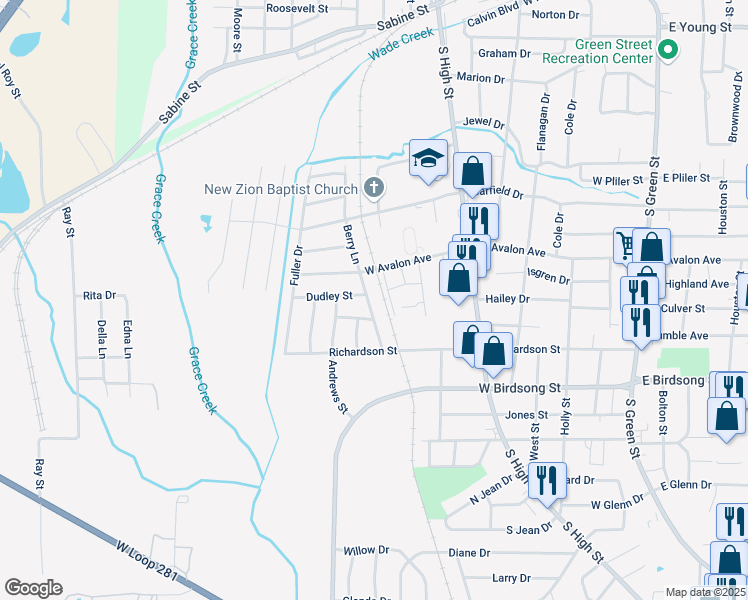 map of restaurants, bars, coffee shops, grocery stores, and more near 1500 Berry Lane in Longview