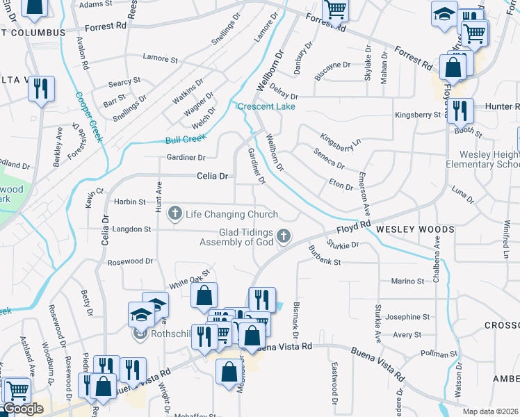 map of restaurants, bars, coffee shops, grocery stores, and more near 1506 Baker Street in Columbus