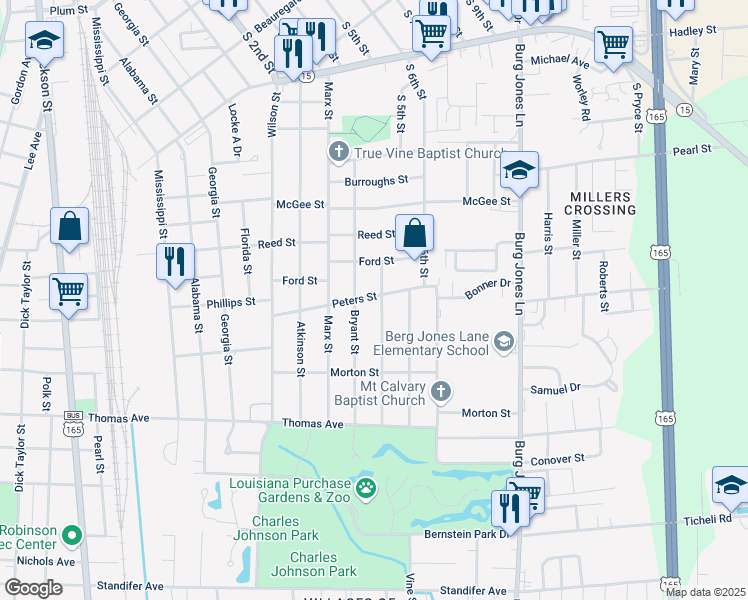 map of restaurants, bars, coffee shops, grocery stores, and more near 401-499 Peters Street in Monroe