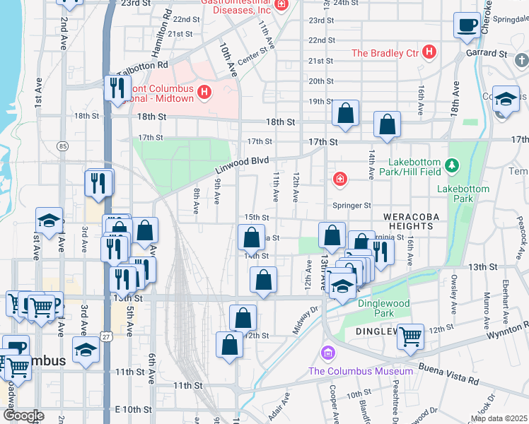 map of restaurants, bars, coffee shops, grocery stores, and more near 1031 15th Street in Columbus