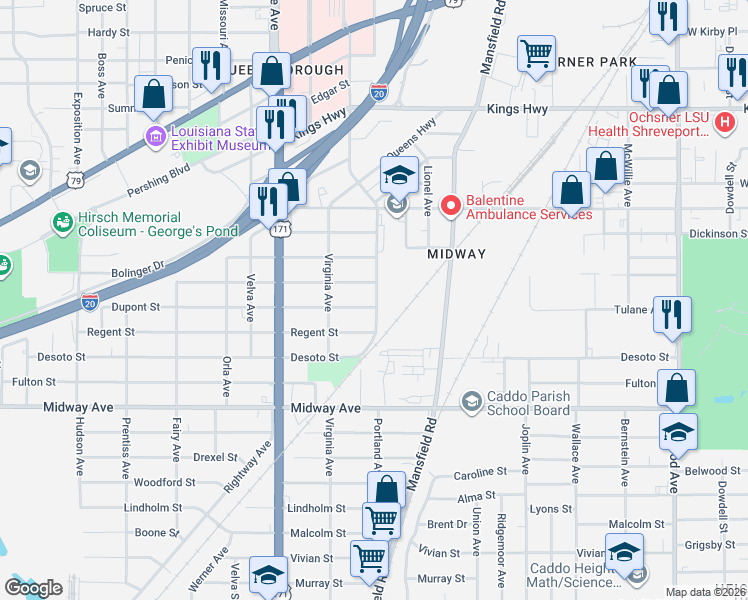 map of restaurants, bars, coffee shops, grocery stores, and more near 2502 Dupont Street in Shreveport