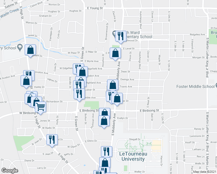 map of restaurants, bars, coffee shops, grocery stores, and more near 1510 South Houston Street in Longview