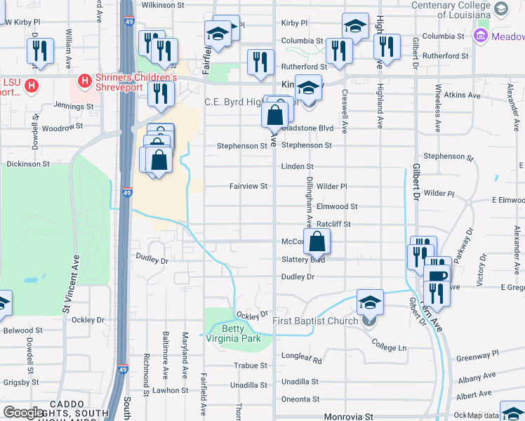 map of restaurants, bars, coffee shops, grocery stores, and more near 819 Elmwood Street in Shreveport