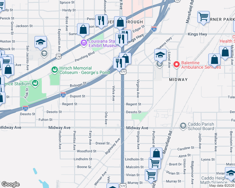 map of restaurants, bars, coffee shops, grocery stores, and more near 4020 Hearne Avenue in Shreveport
