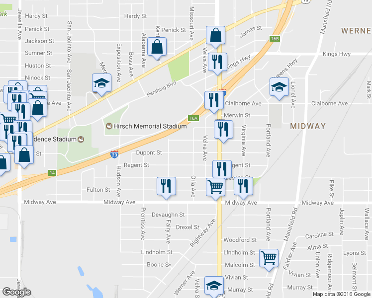 map of restaurants, bars, coffee shops, grocery stores, and more near 2920 Dupont Street in Shreveport