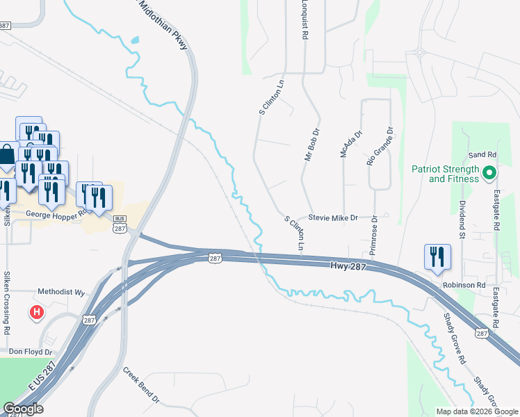 map of restaurants, bars, coffee shops, grocery stores, and more near 821 South Clinton Lane in Midlothian