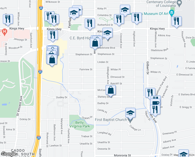 map of restaurants, bars, coffee shops, grocery stores, and more near 753 Elmwood Street in Shreveport
