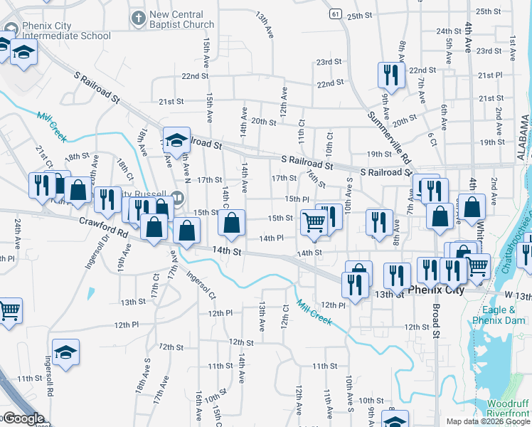 map of restaurants, bars, coffee shops, grocery stores, and more near 1304 Holsey Street in Phenix City