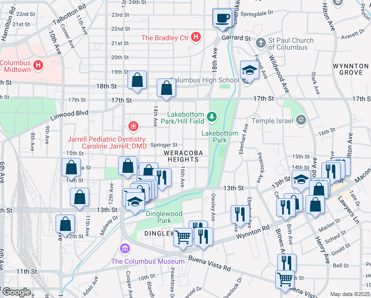 map of restaurants, bars, coffee shops, grocery stores, and more near 1512 16th Avenue in Columbus