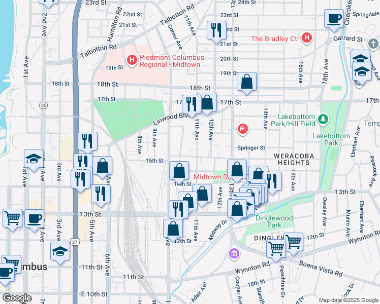 map of restaurants, bars, coffee shops, grocery stores, and more near 1031 15th Street in Columbus