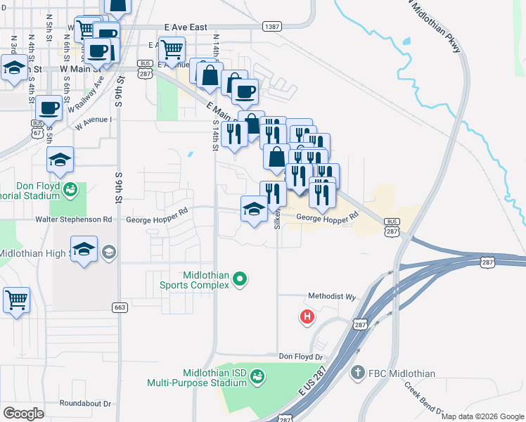map of restaurants, bars, coffee shops, grocery stores, and more near 900 Silken Crossing Road in Midlothian