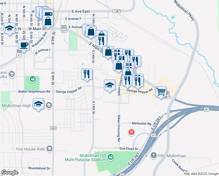 map of restaurants, bars, coffee shops, grocery stores, and more near 703 George Hopper Road in Midlothian