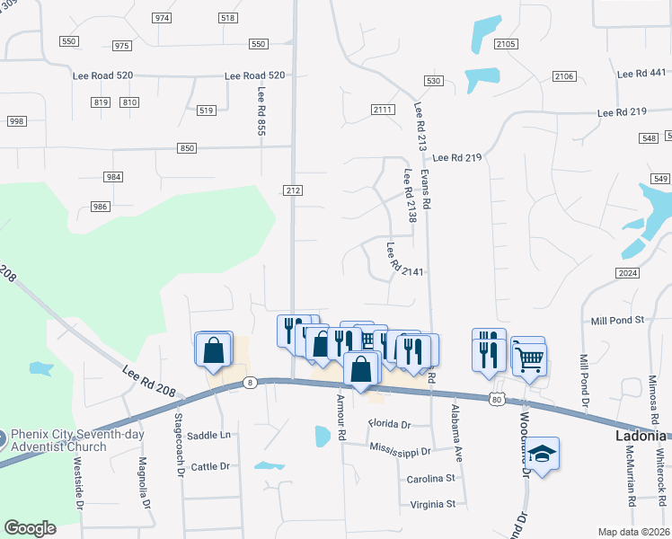 map of restaurants, bars, coffee shops, grocery stores, and more near 252 Lee Road 2140 in Phenix City