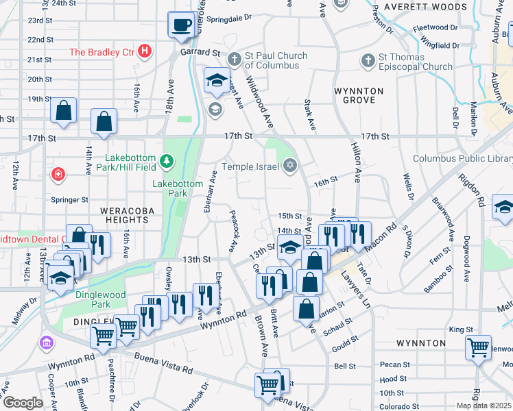 map of restaurants, bars, coffee shops, grocery stores, and more near 1615 Summit Drive in Columbus