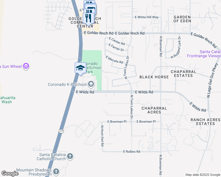 map of restaurants, bars, coffee shops, grocery stores, and more near 14811 North Welsh Road in Tucson