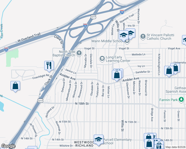 map of restaurants, bars, coffee shops, grocery stores, and more near 3665 Janice Lane in Abilene