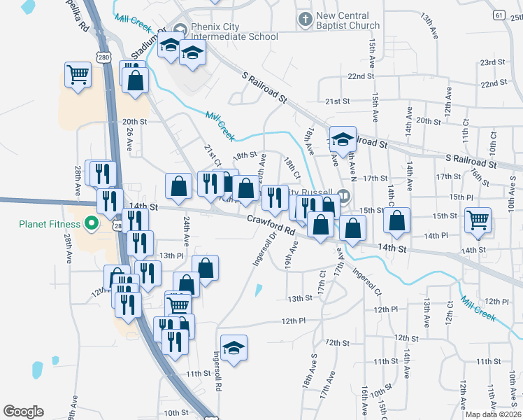 map of restaurants, bars, coffee shops, grocery stores, and more near 1930 14th Avenue in Phenix City
