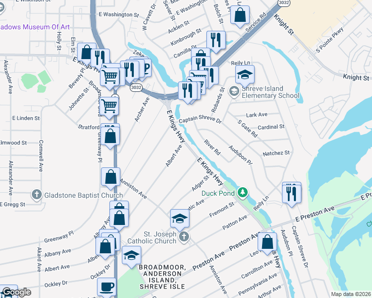 map of restaurants, bars, coffee shops, grocery stores, and more near 910 East Kings Highway in Shreveport