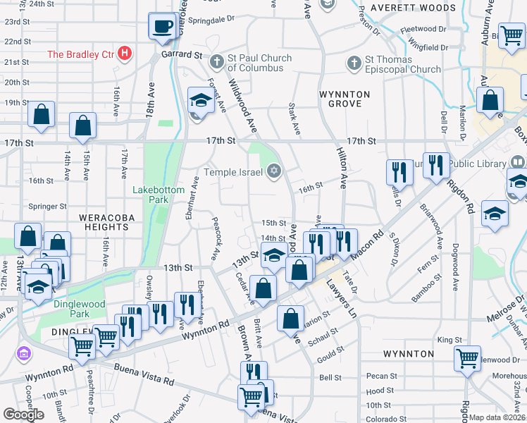 map of restaurants, bars, coffee shops, grocery stores, and more near 1526 Forest Avenue in Columbus