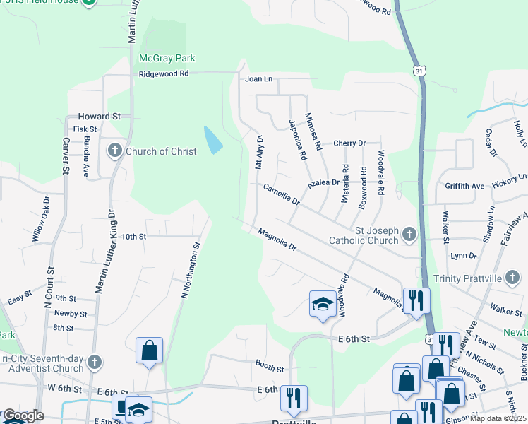 map of restaurants, bars, coffee shops, grocery stores, and more near 486 Mount Airy Drive in Prattville