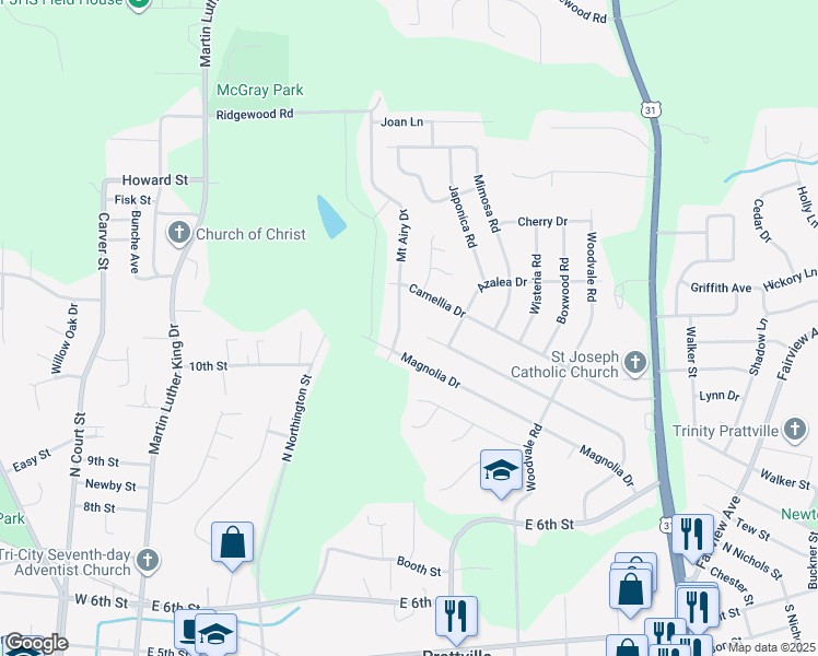map of restaurants, bars, coffee shops, grocery stores, and more near 486 Mount Airy Drive in Prattville