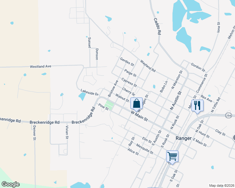 map of restaurants, bars, coffee shops, grocery stores, and more near 201 North Homer Avenue in Ranger