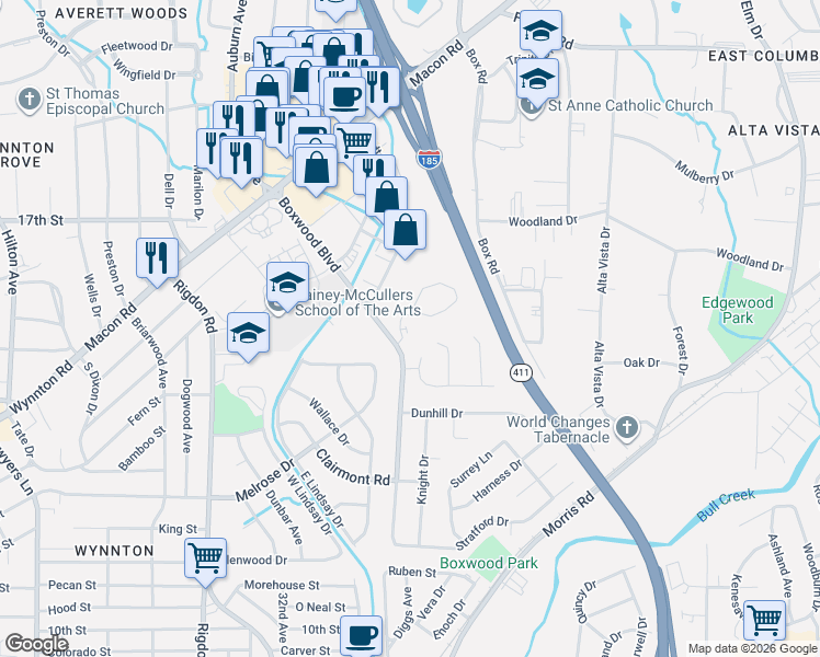 map of restaurants, bars, coffee shops, grocery stores, and more near 1400 Boxwood Boulevard in Columbus