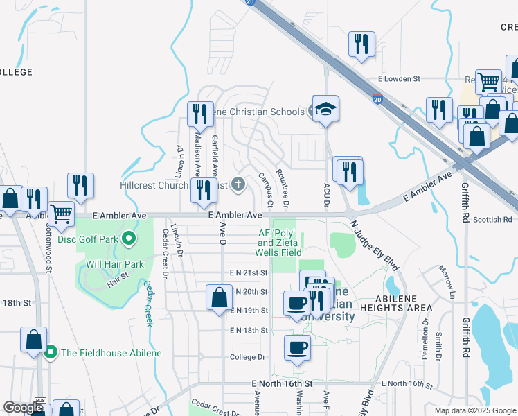 map of restaurants, bars, coffee shops, grocery stores, and more near 2401 Church Street in Abilene