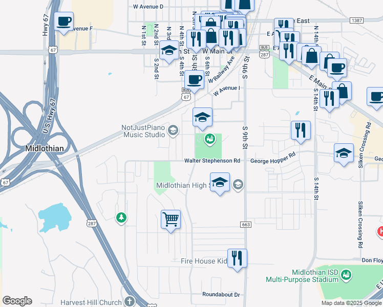 map of restaurants, bars, coffee shops, grocery stores, and more near 705 South 5th Street in Midlothian