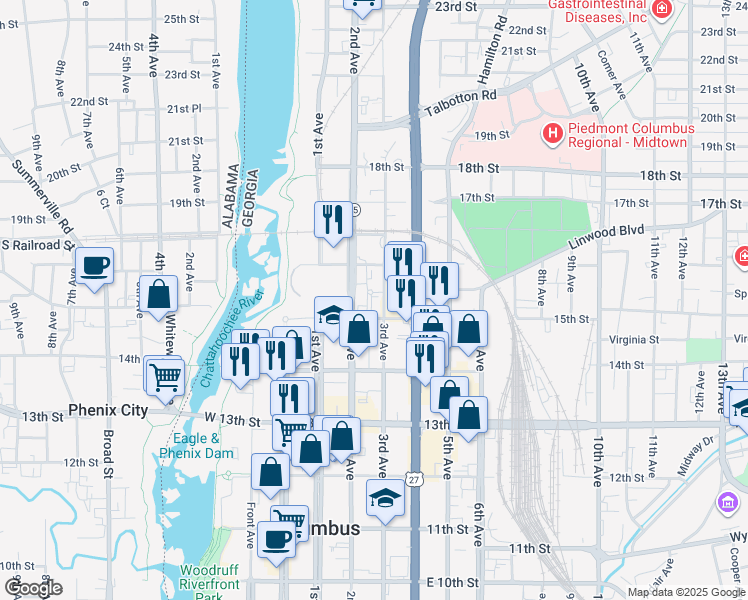 map of restaurants, bars, coffee shops, grocery stores, and more near 1515 3rd Avenue in Columbus